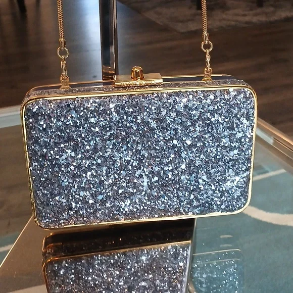 henri bendel Party Box Silver Glitter Clutch with Gold Trim - Picture 3 of 11